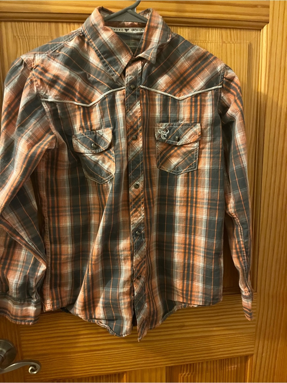 Boys Orange and Gray Plaid Western Button-Down Shirt